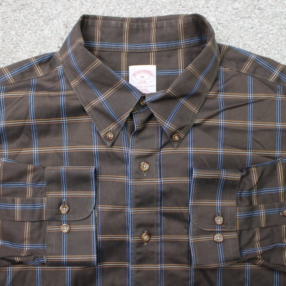 Brooks Brothers 346 Shirt Mens XL Brown/Blue Non-Iron 100%‎ Cotton Long Sleeve